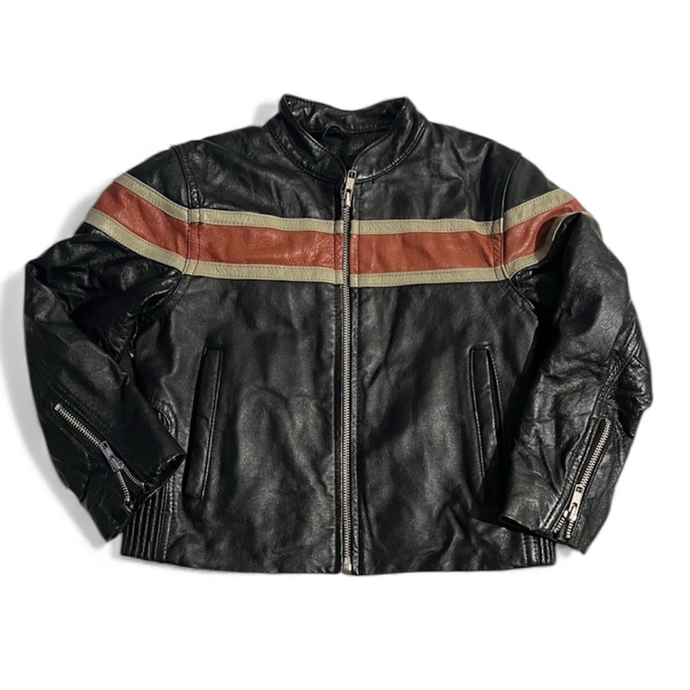 WILSONS LEATHER Black Leather Biker Jacket Kids Size S Moto Striped vintage